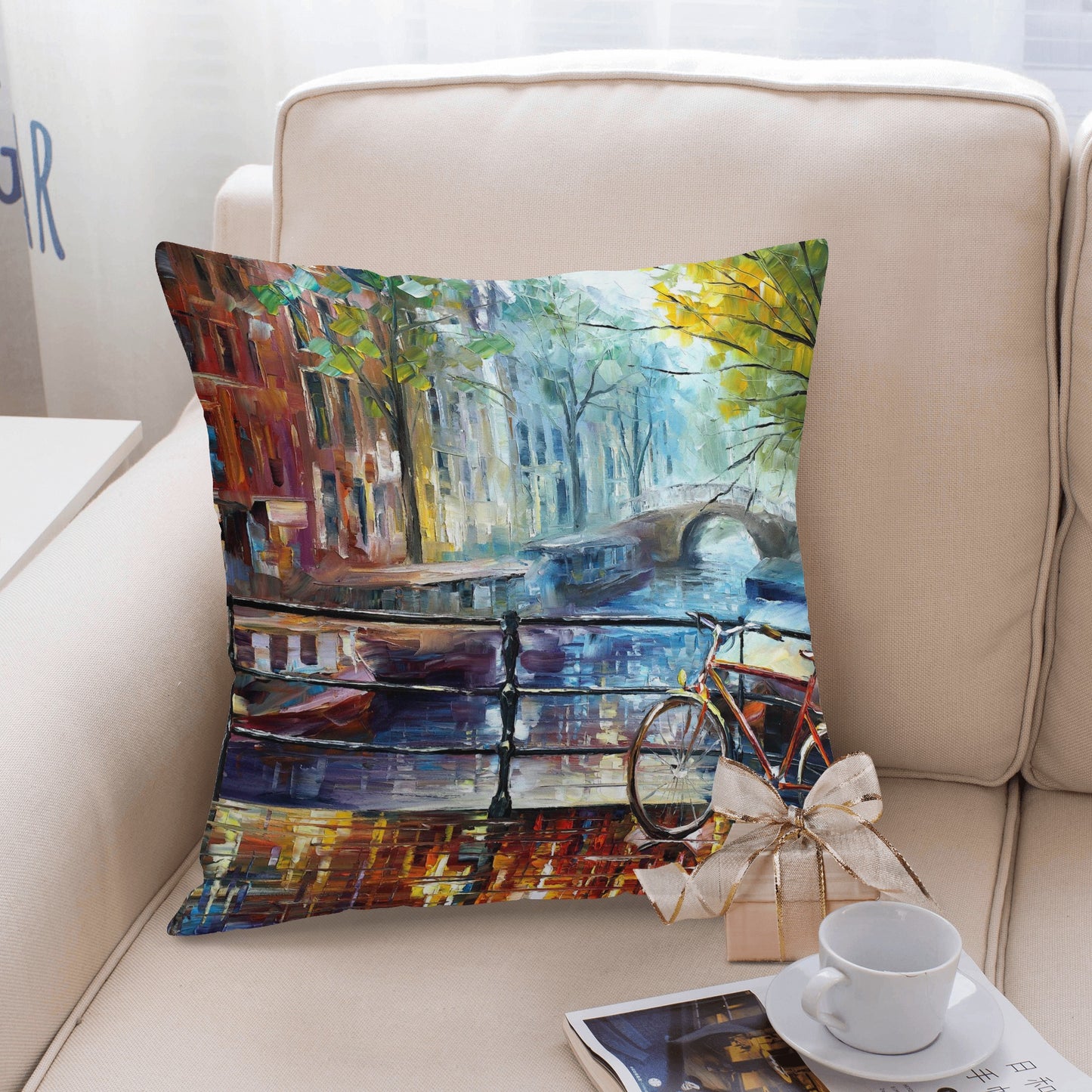 Pillow Cover Afremov BICYCLE IN AMSTERDAM