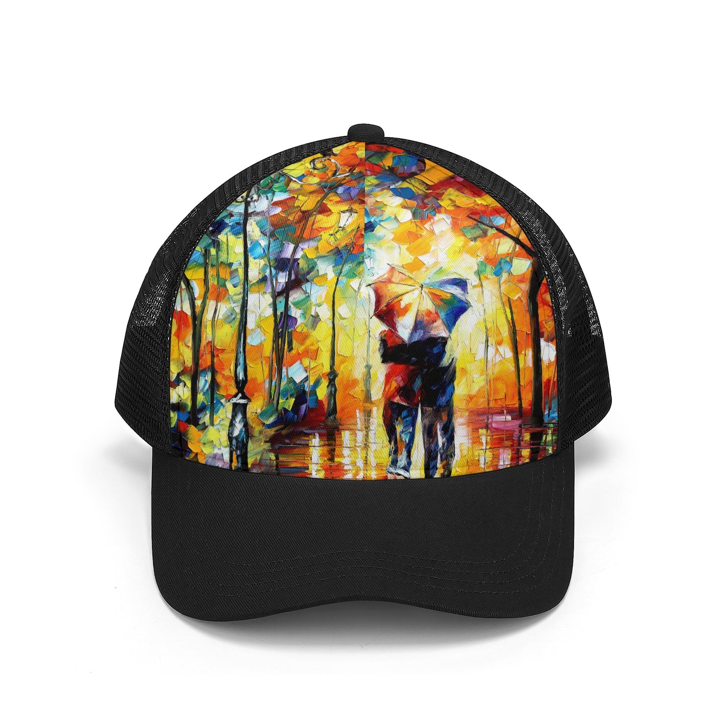 Front Printing Mesh Baseball Caps Afremov Couple Under One Umbrella